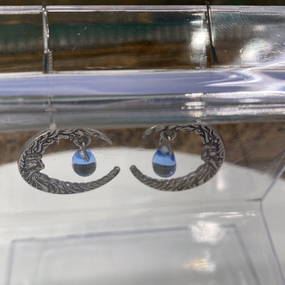 Man in the Moon - blue glass teardrops - silver earrings cast on both sides! EUC - Picture 8 of 16